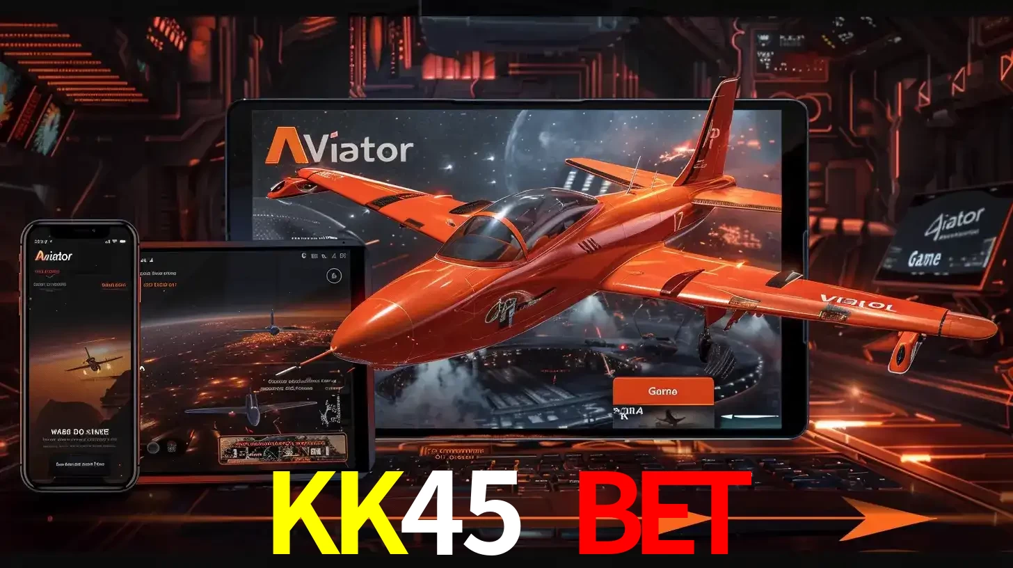 Apresentação tecnológica do jogo Aviator com um avião saindo da tela de um tablet, demonstrando a experiência imersiva em múltiplos dispositivos no KK45 BET.