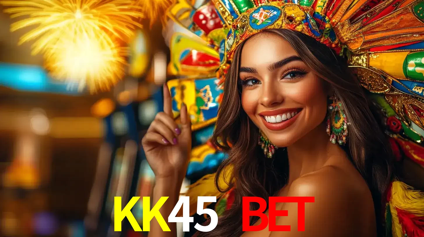 Mulher sorridente com um cocar de carnaval vibrante e colorido, celebrando uma grande vitória nos jogos do cassino KK45 BET com fogos de artifício ao fundo.
