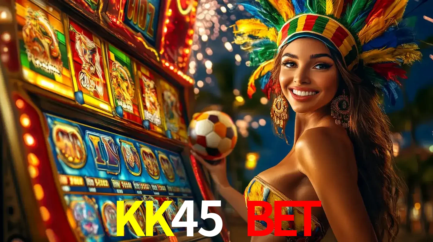 Mulher com um cocar de carnaval ao lado de uma máquina de caça-níqueis enquanto segura uma bola de futebol, mostrando a união da diversão de cassino e esportes no KK45 BET.