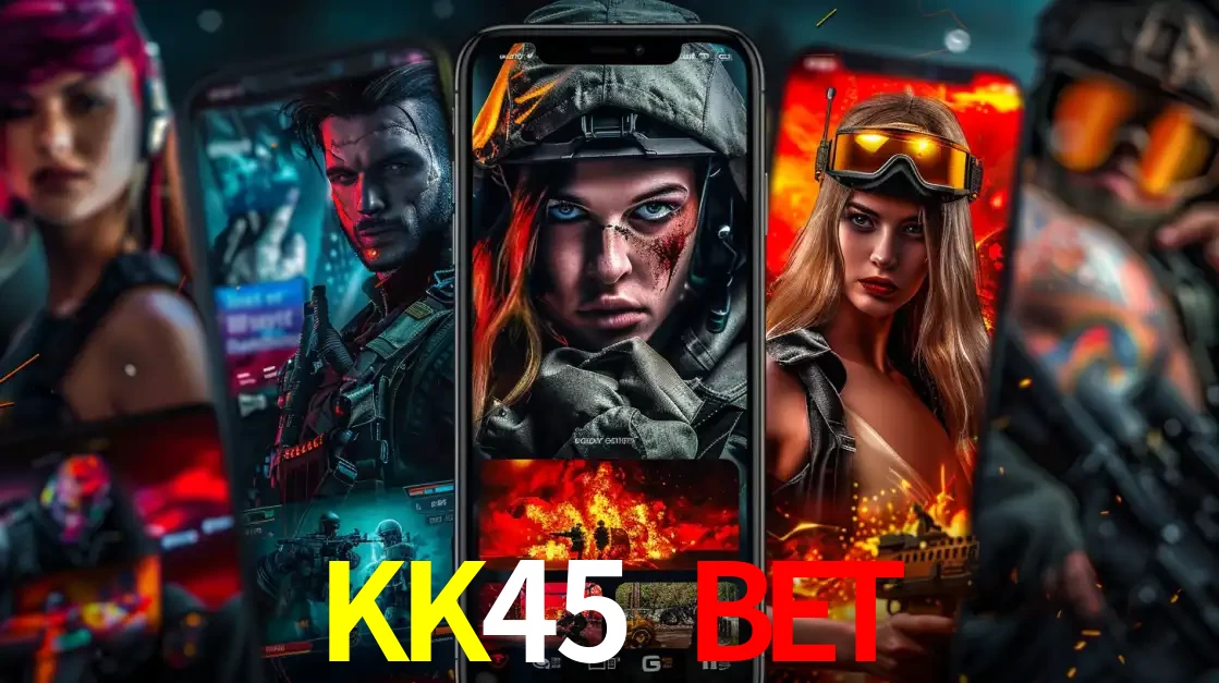 Montagem de telas de celular mostrando diversos personagens, masculinos e femininos, de um jogo de tiro, ilustrando a diversidade de equipes de e-sports para apostar no KK45 BET.