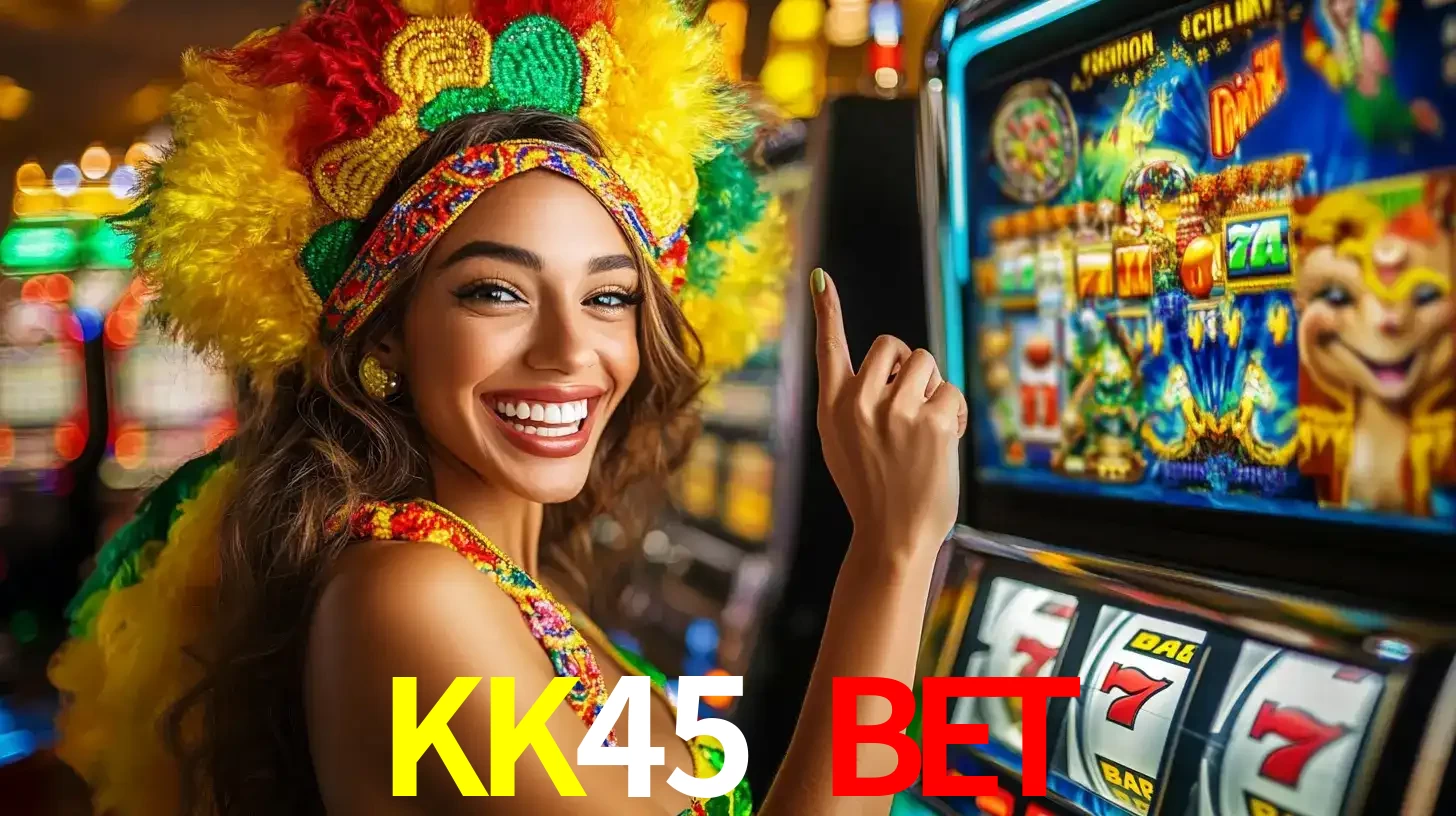 Mulher animada com um cocar de carnaval apontando para uma máquina de caça-níqueis, mostrando a emoção de ganhar um grande prêmio nos jogos do KK45 BET.