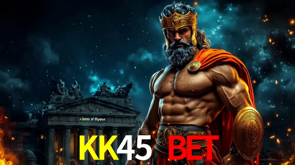 O poderoso Zeus do jogo de slot Gates of Olympus em frente ao seu templo, pronto para lançar multiplicadores divinos e prêmios épicos no cassino online KK45 BET.