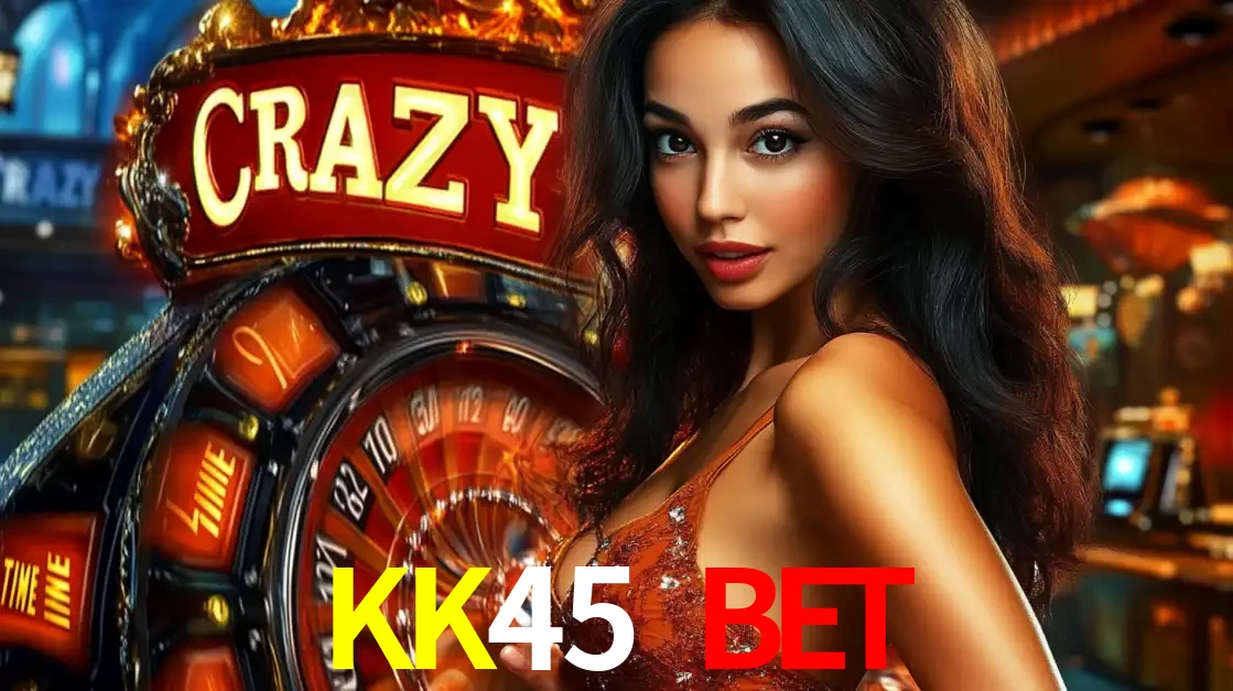 Mulher glamourosa olhando para a câmera com a roda vermelha do Crazy Time ao fundo em um ambiente de cassino, destacando a emoção dos jogos ao vivo no KK45 BET.