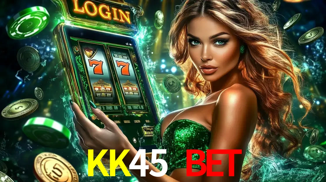 Mulher com tema verde apresentando o aplicativo do cassino KK45 BET com um jogo de slot de 777, cercada por fichas de cassino e uma aura de sorte.