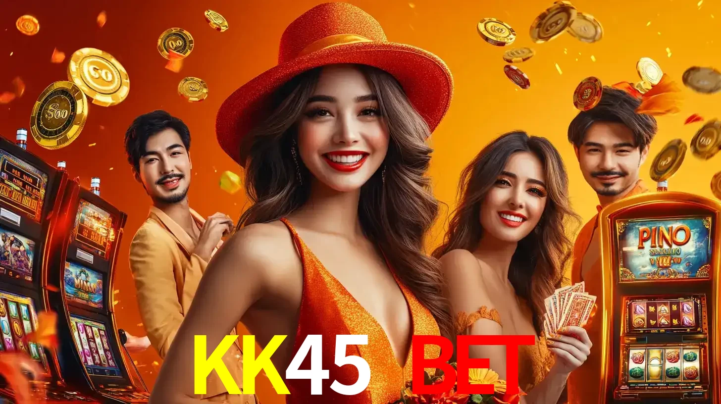 Grupo de amigos asiáticos sorrindo e se divertindo com máquinas de caça-níqueis em um ambiente festivo, celebrando suas vitórias nos jogos de cassino do KK45 BET.