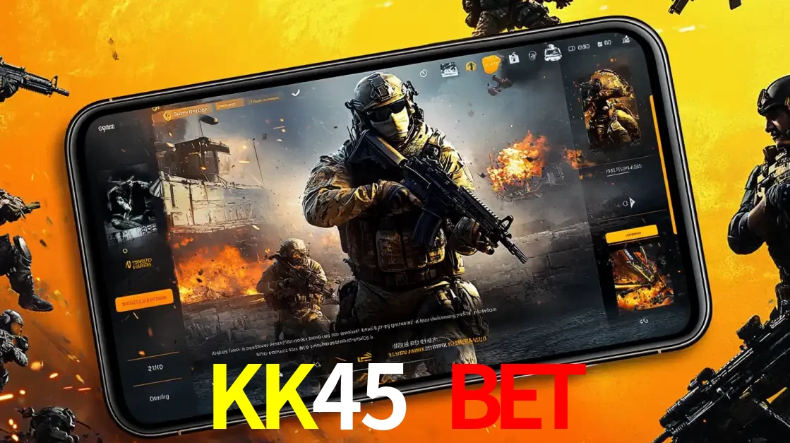 Um smartphone exibindo a interface de um jogo de tiro em primeira pessoa, com um soldado em um cenário de batalha, representando a ação dos e-sports para apostar no KK45 BET.
