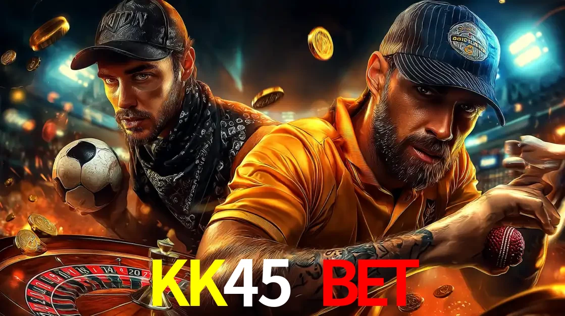 Montagem de apostas esportivas e cassino no KK45 BET, com um homem segurando uma bola de futebol e outro uma de beisebol sobre uma roleta e moedas voadoras.