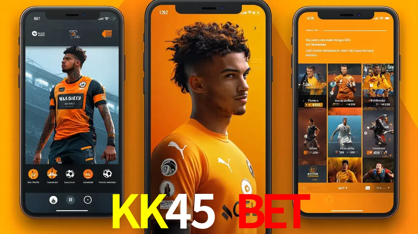 Interface do aplicativo de apostas esportivas KK45 BET em três telas de celular, mostrando o perfil de um jogador de futebol e a lista de jogos disponíveis para apostar.