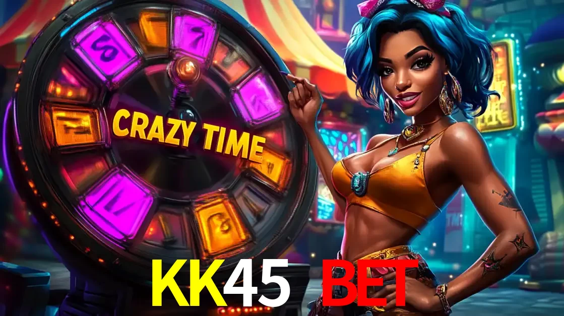 Mulher estilizada com cabelo azul e visual vibrante posando ao lado da roda de prêmios do game show Crazy Time, convidando para a diversão e os bônus do cassino KK45 BET.