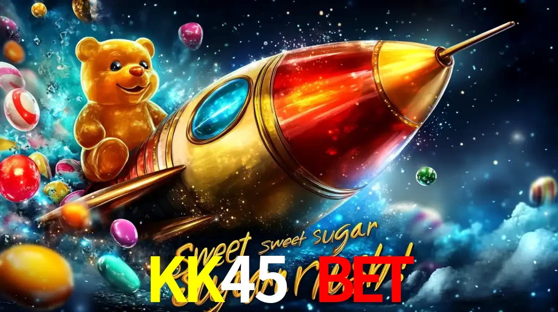 Arte promocional do jogo de slot Sugar Rush, com um urso de pelúcia em um foguete viajando pelo espaço de doces, um dos jogos divertidos disponíveis no cassino KK45 BET.