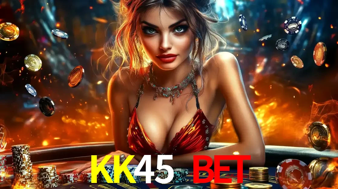 Mulher em uma mesa de cassino com pilhas de fichas e um fundo de fogo, pronta para uma rodada de altas apostas nos jogos de mesa emocionantes do cassino KK45 BET.