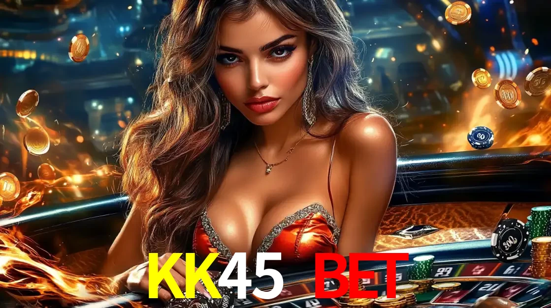 Mulher glamourosa em uma mesa de roleta com um fundo de chamas e moedas voadoras, pronta para fazer sua aposta e ganhar grandes prêmios no cassino ao vivo KK45 BET.
