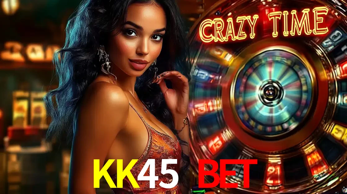 Mulher elegante ao lado da vibrante roda da fortuna do jogo de cassino ao vivo Crazy Time, um dos game shows mais populares e cheios de prêmios do KK45 BET.