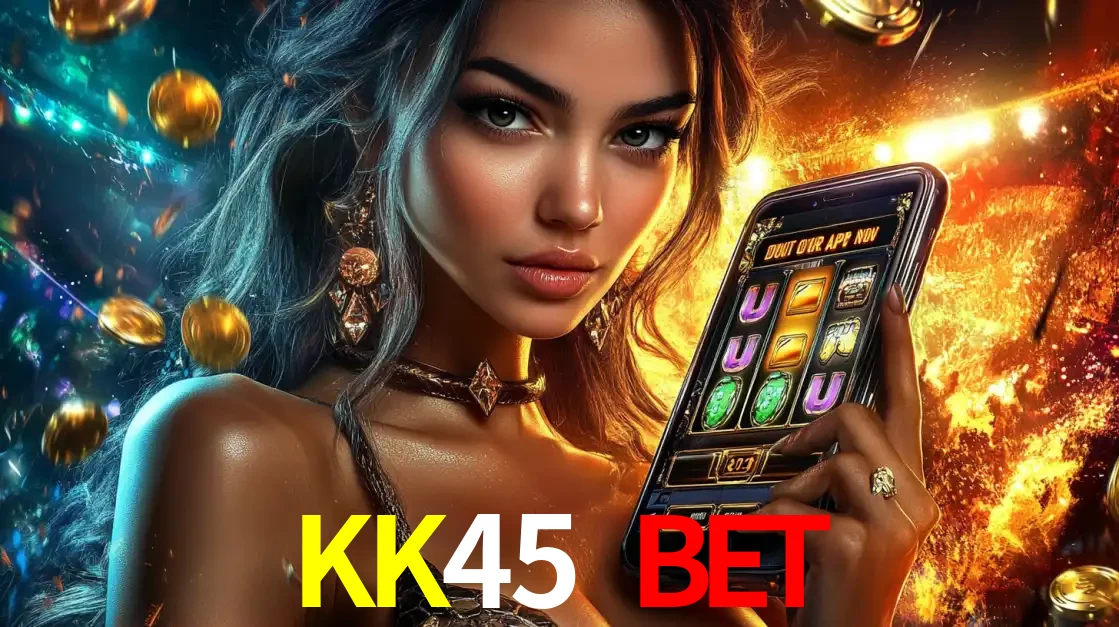 Mulher elegante mostrando um jogo de caça-níqueis em seu smartphone, destacando a experiência de cassino móvel oferecida pelo aplicativo KK45 BET.