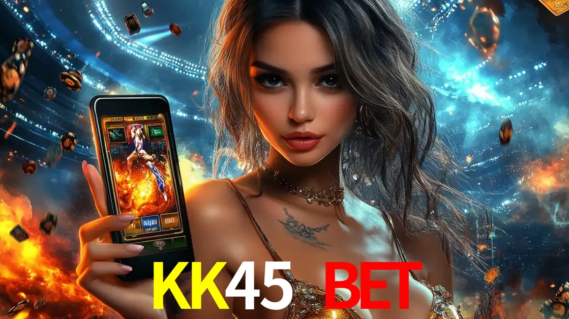 Mulher segurando um celular com um jogo de slot em destaque, tendo como fundo um estádio vibrante, simbolizando a emoção de jogar no cassino móvel KK45 BET.