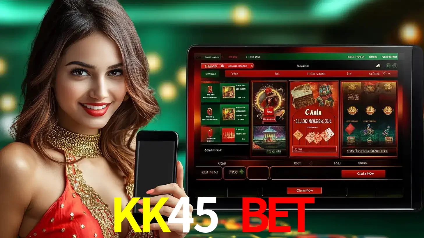 Mulher sorridente segurando um smartphone, ao lado de uma tela exibindo o lobby de jogos do cassino online KK45 BET, com várias opções de jogos de cartas e slots.